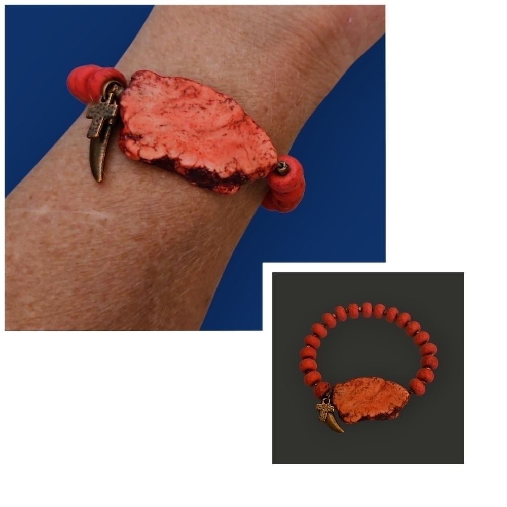 Vintage Hot Pink Gemstone and Copper Beaded Stretch Bracelet